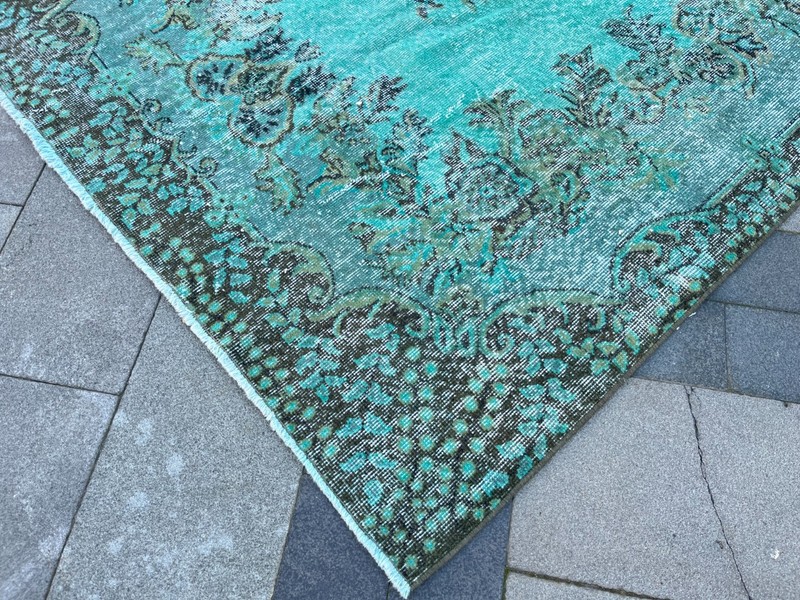 Vintage Turkish Oushak Overdyed Rug 5.5x9.8 ft Turquoise Teal Distressed gallery