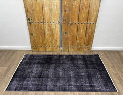 4×7 Solid Black Vintage Turkish Area Rug, Hand-Knotted Wool on Cotton Rug