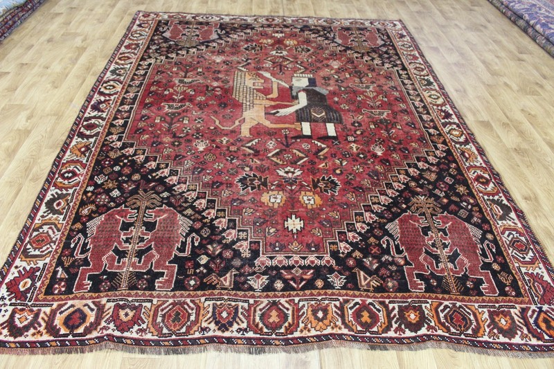 Antique Oriental Qashqai Pictorial Rug 285x218cm Handmade Tribal Wool Carpet gallery