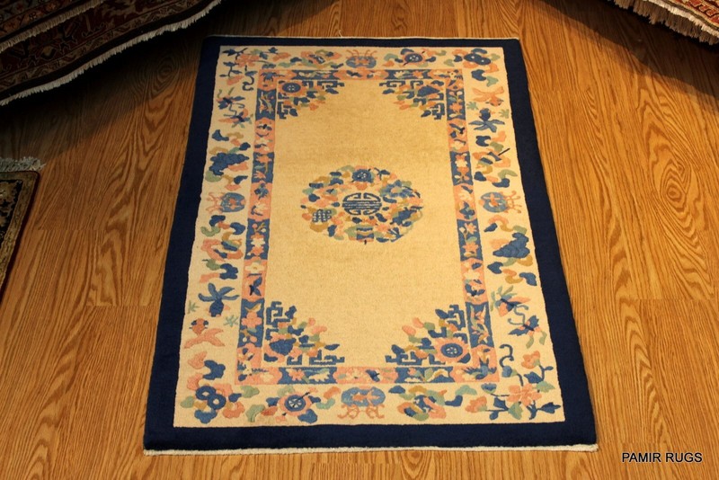 ONE OF A KIND 3x5 CHINESE RUG PEKING BLUE, BEIGE Salmon GOLD ART DECO gallery