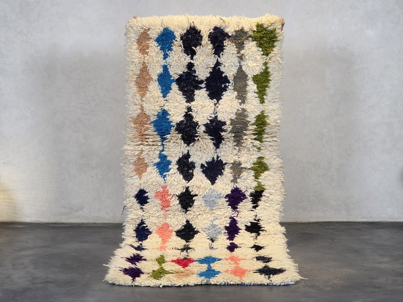 Moroccan Handmade Vintage Rug 2'5x6 Berber Geometric Cream & Black Cotton Rug gallery