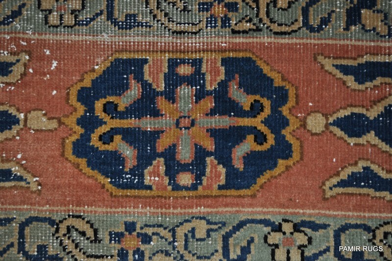 19th Century 9' X 12' Antique TABRIS rug beige royal blue salmon coral Stressed gallery