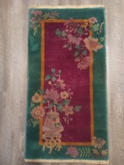 Antique 1920s Art Deco Chinese Hand Knotted Wool Red Green Floral Rug 24″ X 47″