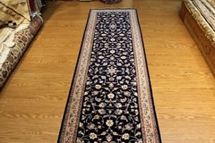 _HAND-MADE_HALL_RUNNER_ 11 ft. Fine Quality Dark Blue Navy Salmon Floral Rug