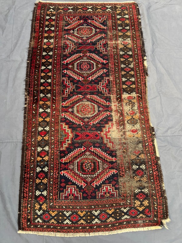 Black Red Distressed Low Pile Rug 4x6 ft Hand Knotted Caucasian Vintage Carpet gallery