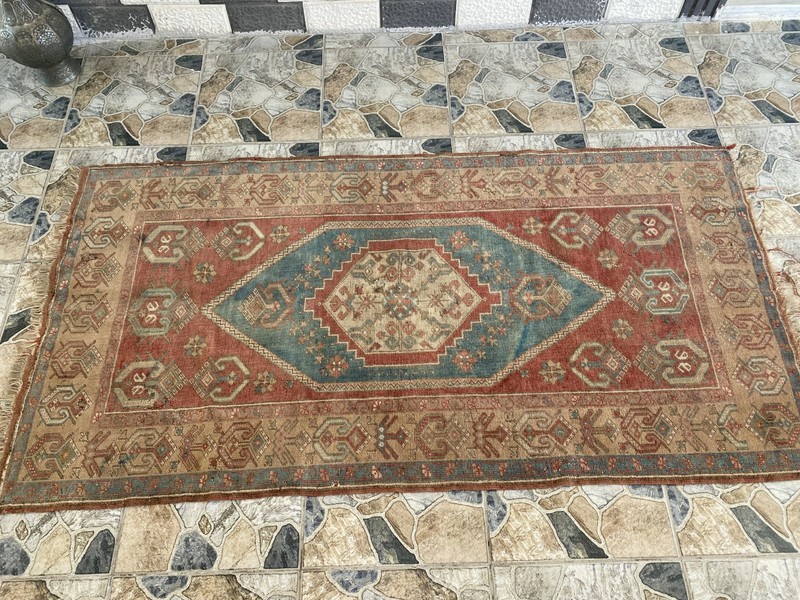 1970s Geometric Turkish Vintage Area, Tribal Handmade Anatolian Rug 3.3x7.5 ft gallery