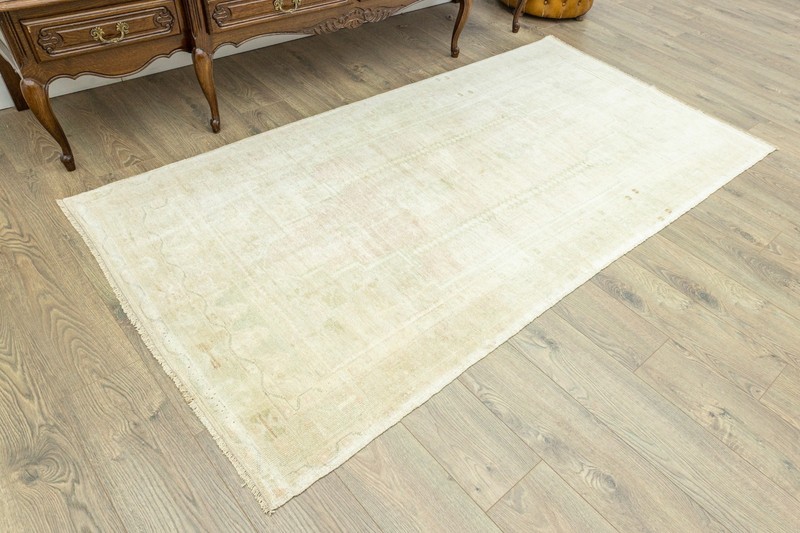 Vintage Hand-Knotted Turkish Oushak Wool Rug – Blush Pink, Sage – 4'1" x 7'4" ft gallery