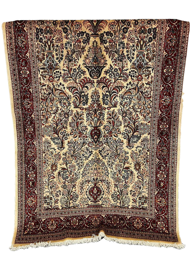 Oriental Floral Fine Turkish 4' 1" x 6' 10" Beige Hand Knotted Area Rug