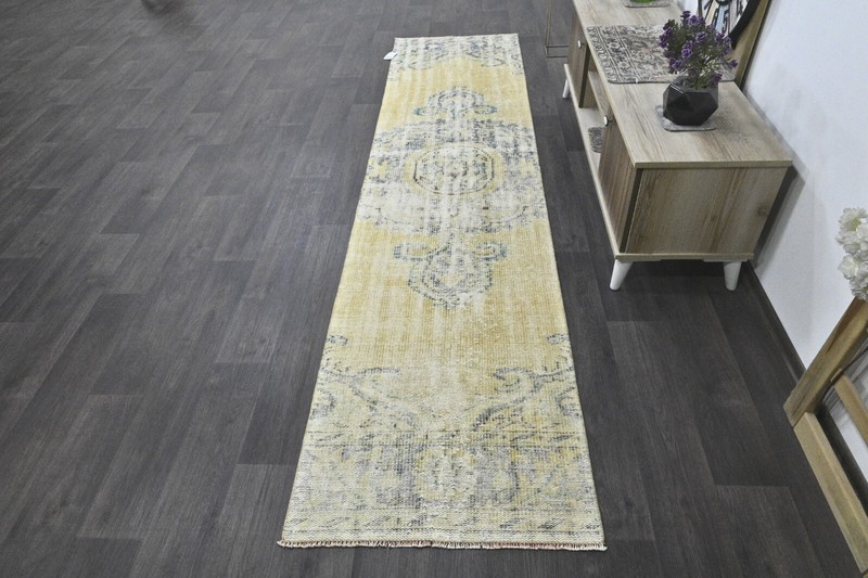 Vintage Turkish Runner Rug 2x10ft YELLOW Handmade Anatolian Oushak Hallway Wool gallery
