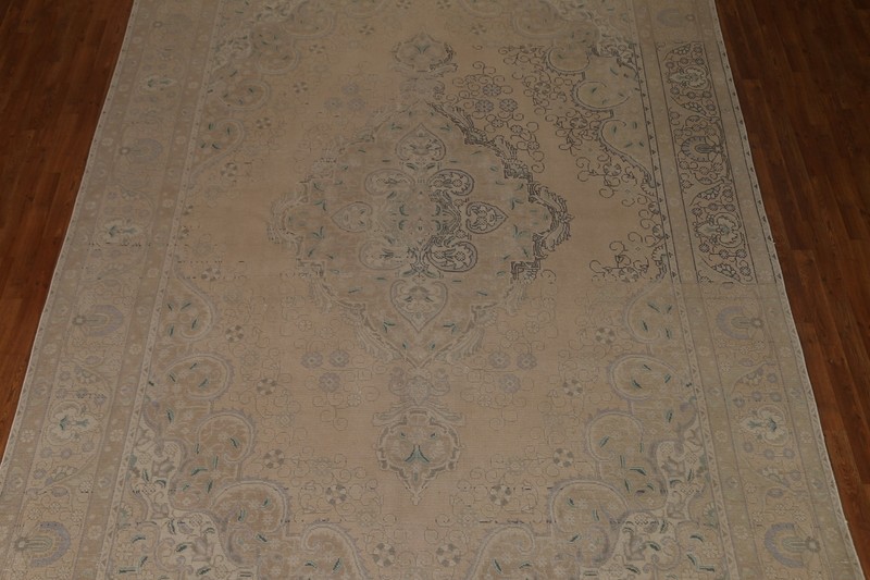 Vintage Muted Beige Distressed Tebriz Living Room Rug 10x13 Wool Hand-made Rug gallery
