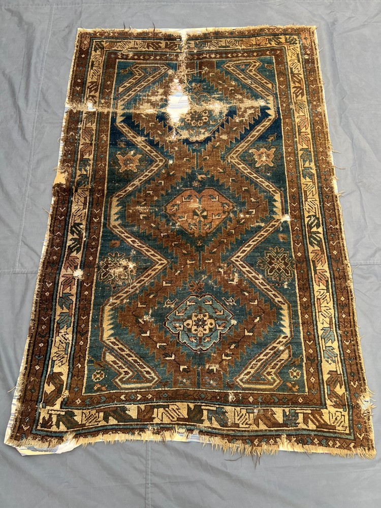 Blue Brown Distressed Low Pile Rug Hand Knotted Tribal Vintage Antique Carpet