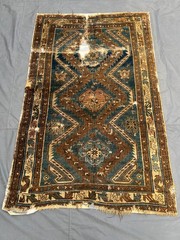 Blue Brown Distressed Low Pile Rug Hand Knotted Tribal Vintage Antique Carpet