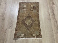 Vintage Turkish Rug Handmade Wool Brown Anatolian Runner Rug 1.5×2.8 Ft