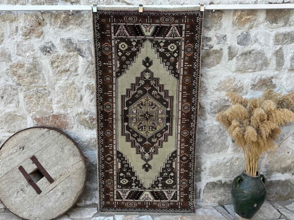 Hand-Knotted Turkish Rug 3x7 Brown Wool Traditional Carpet Muted Medium Size Rug