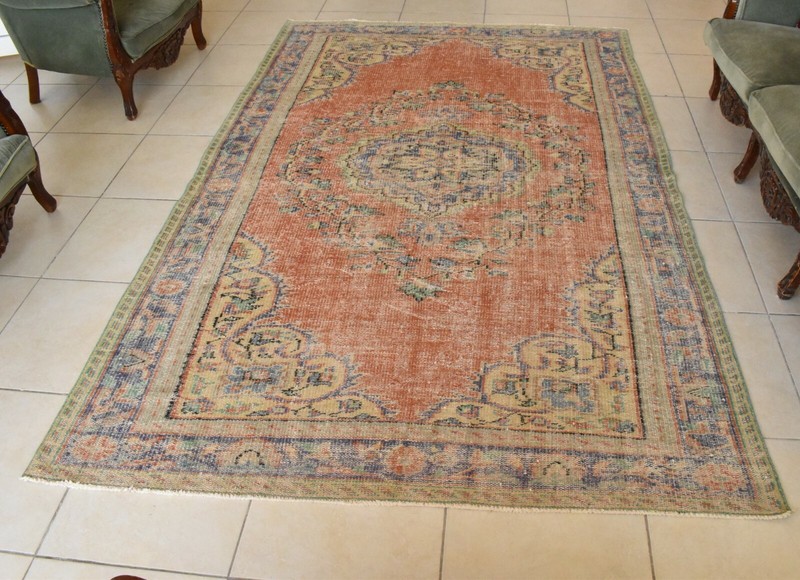 Handmade Area Rug 8.6 x 5.5 ft Distressed Anatolian Vintage Medallion Rug C45 gallery