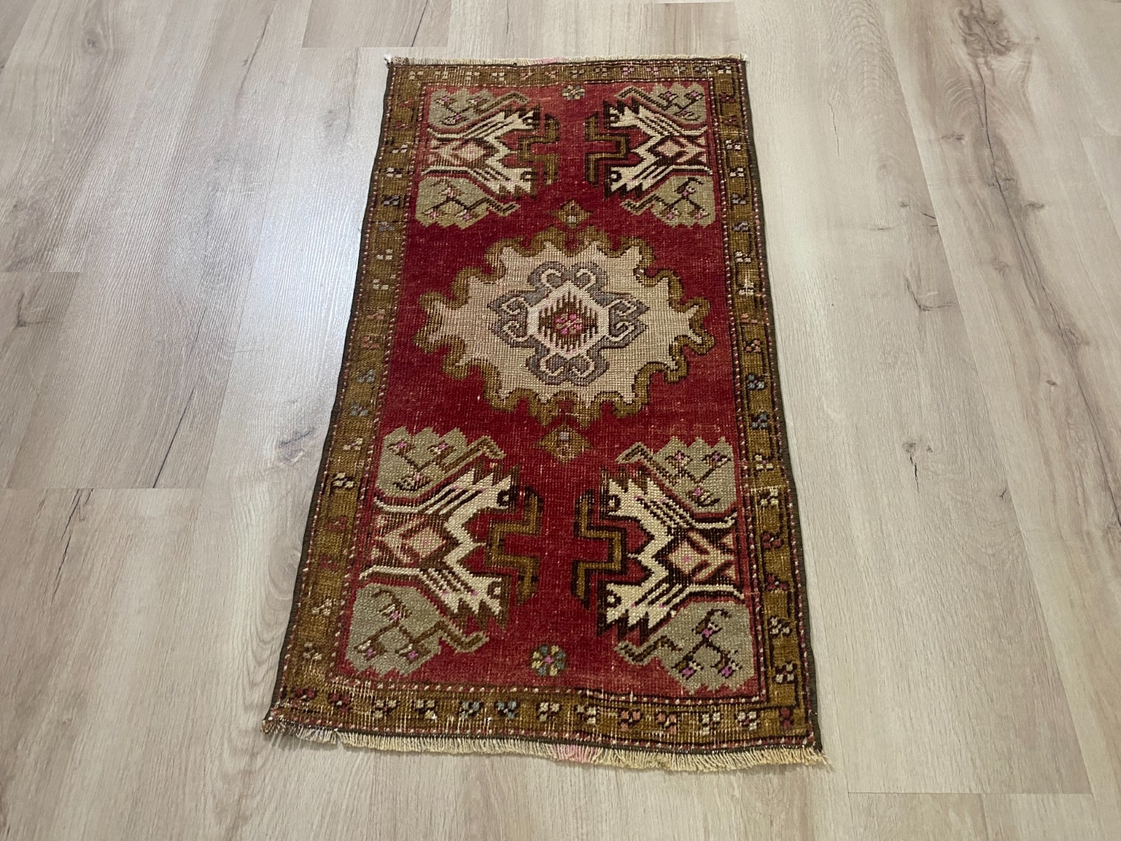 Red Anatolian Decor Rug 1.5x2.7ft Vintage Turkish HandKnotted Wool Runner Rug gallery