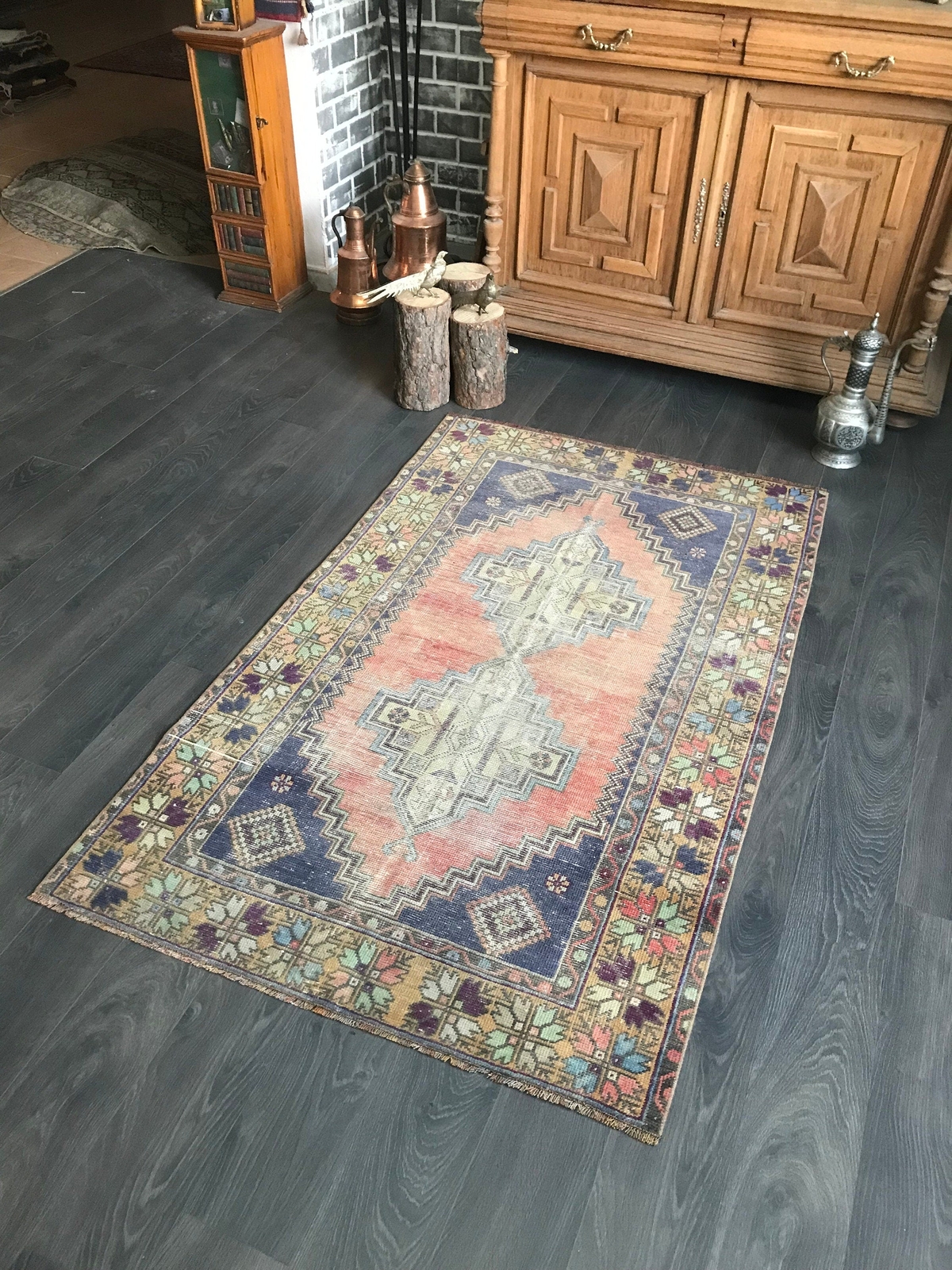Orange Turkish Rug , Distressed Rug , Turkish Accent Rug , Faded Oushak Rug , Be gallery