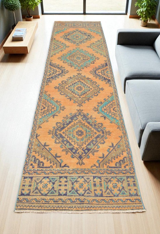 Vintage 1970s Turkish Runner Rug 3x12 ft | Hand-Woven Anatolian Wool Ushak Rug gallery