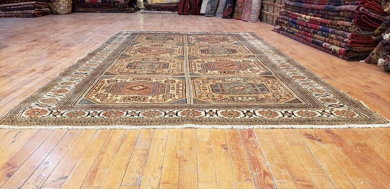Hand-Knotted Vintage 1970's Muted Dye Geometri Patterned Bunyan Rug 4'10"×7'6 gallery