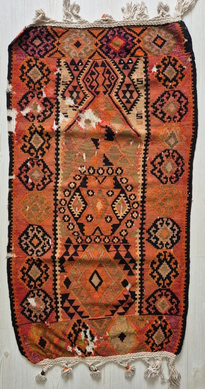 Antique Malatya Fragment Kilim Rug 26x46" Circa 1930s Anatolian Tribal Rug gallery