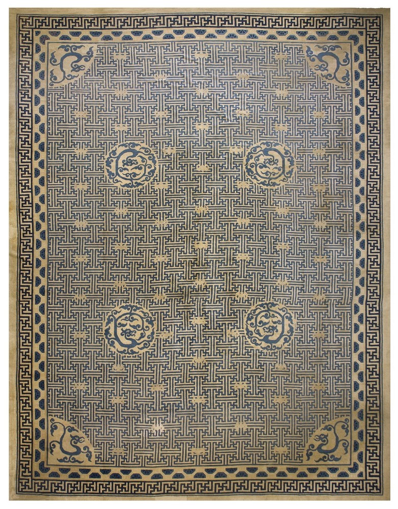 13x17 Antique Large Peking Chinese Geometric Knotted Dragon Rug