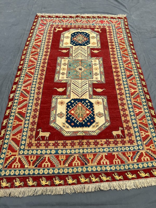 Red Turkish Pictorial Soumak Rug 4'3x7'1 Handmade Wool Animal Tribal Vintage rug gallery