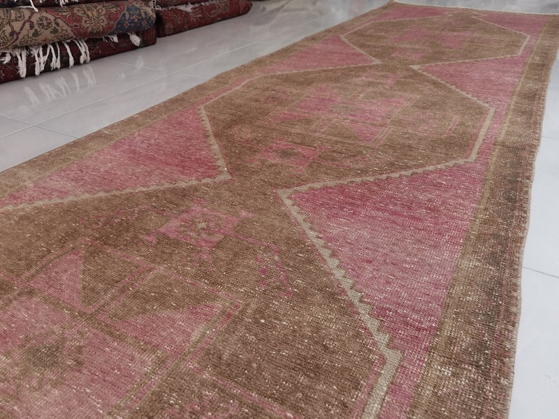 Vintage Turkish Oushak Runner 3x12 Hand Knotted Wool Pink Brown Tribal gallery