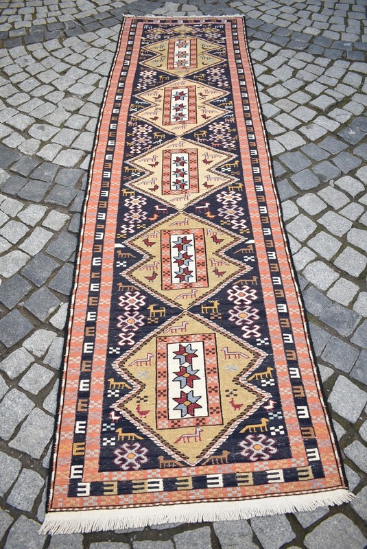 Sumak Runner Kilim 30'' x 108'' Caucasian Terrific Animal Design Hallway Kilim gallery