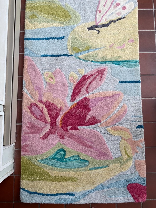 Company C Hand Tufted Dragonfly / Floral 2.5 x 8 Light Pink / Blue Wool Rug! gallery