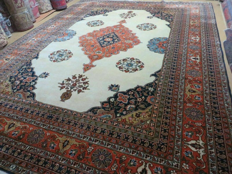 Indian Oriental Rug 9x12 Semi Open Field Medallion Ivory Tomato Red Handmade gallery