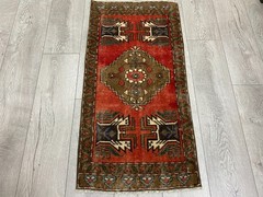 Vintage Turkish Tribal Rug 1.7×3.3 Ft Red Handwoven Anatolian Small Carpet