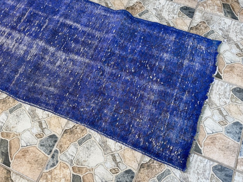 1970s Vintage Turkish Overdyed Runner Rug 2.6x9 ft Cobalt Blue Hand-Knotted Wool gallery