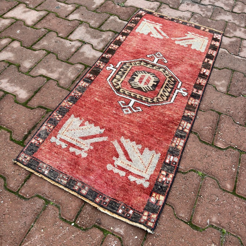 2x4 Rust Red Black Wool Vintage Turkish Geometric Handmade Kilim - Tariff Free gallery