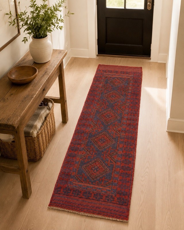 Vintage Afghan Baluchi Wool Runner Rug Handwoven Medallion Tribal Red Blue 2x8ft gallery