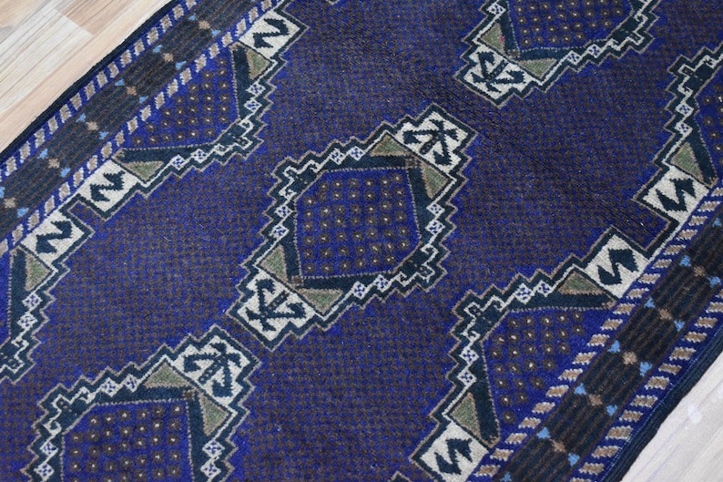 3x10 Vintage Brown Blue Tribal Handmade Afghan Geometric Baluchi Runner Rug, gallery