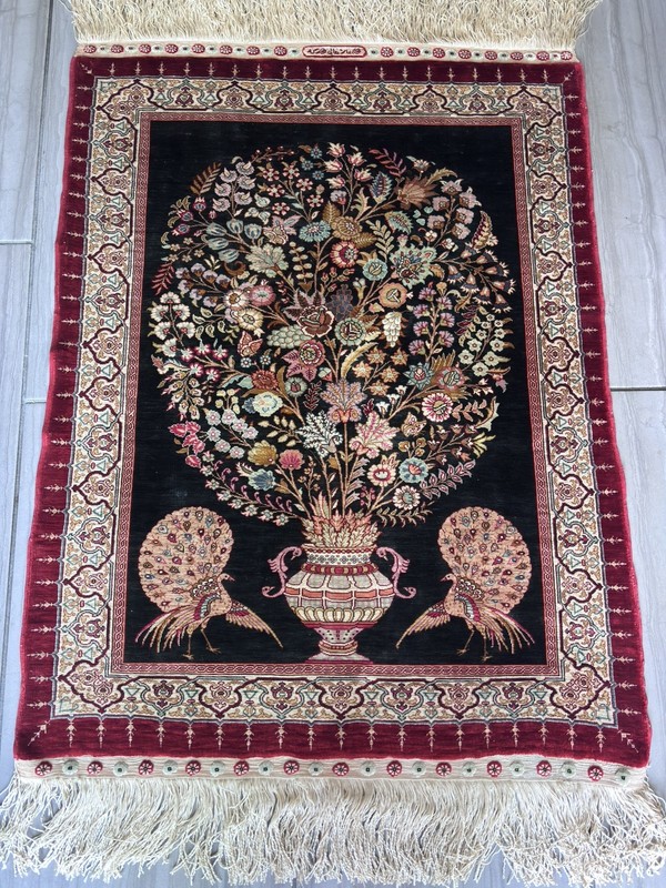 Exquisite Hereke tree of life silk rug carpet. 35 1/2 " X 26" excl. fringes gallery