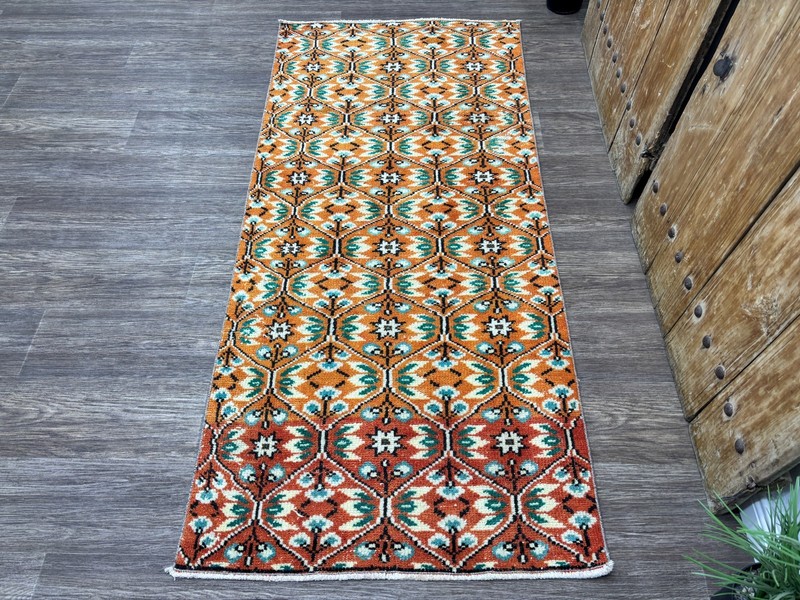 3x6 Vintage Turkish Runner, Hand-Knotted Wool Rust & Emerald Green Hallway Rug gallery