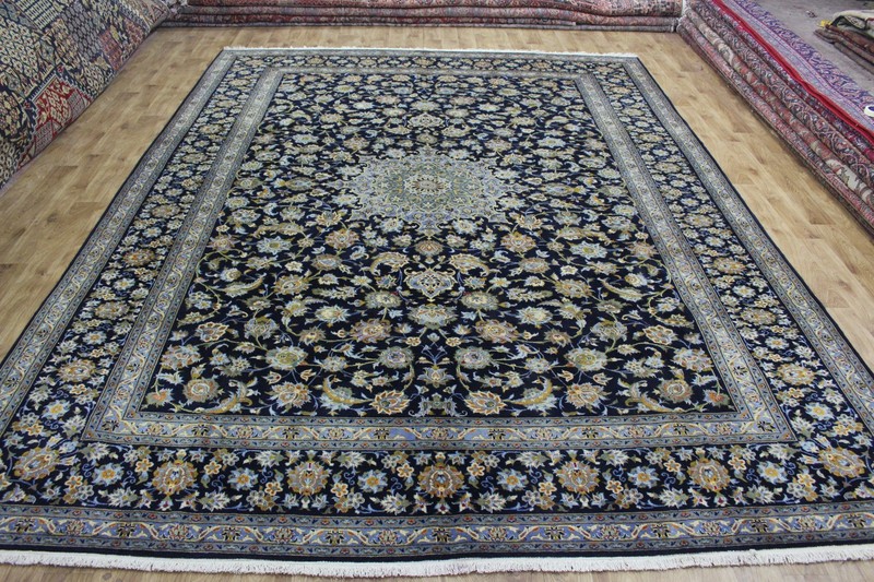 Large Fine Keshan Rug 405x302cm Hand Knotted Wool Signed Blue Floral Medallion gallery