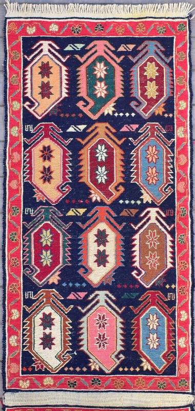 Turkish Rug 19''x76'' Oriental Runner Sumak Corridor Kilim Hallway Blue Rug 1x6 gallery