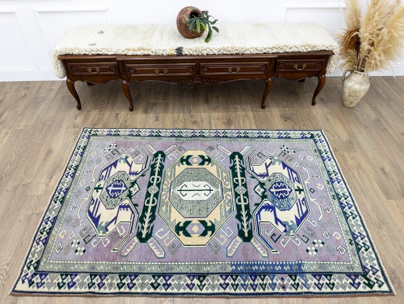 Purple Wool Tribal Oushak Rug 4'8x6'8 ft – Vintage Turkish Geometric Carpet gallery