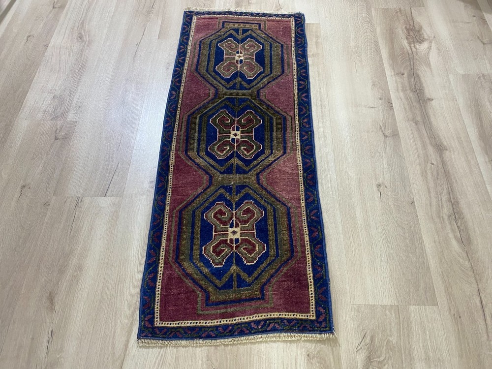 Vintage Turkish Blue Runner Rug 1.5x3.7 Ft HandKnotted Wool Tribal Hallway Carpt