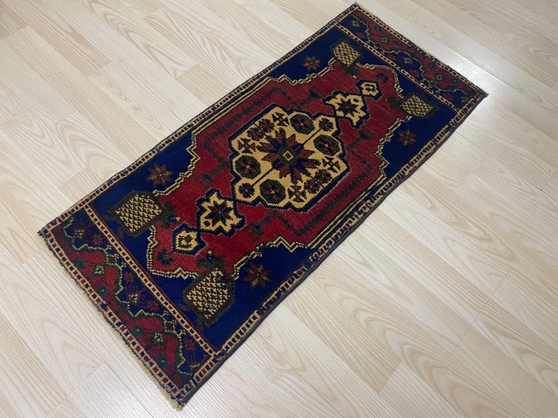 Vintage Turkish Navy Red Small Rug 1.3x2.9 ft Wool Tribal Geometric Decor Carpet gallery