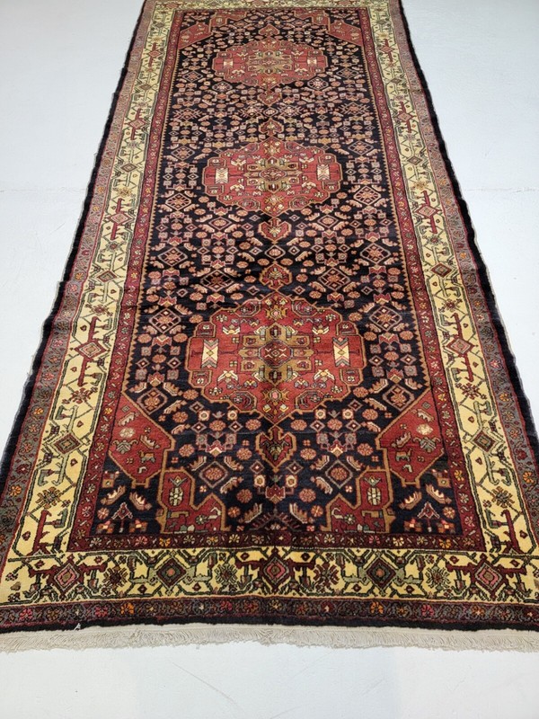 Antique Oriental Hand-Knotted Wool Runner Navy Blue/Red/Ivory/Green 5' x 11'3" gallery