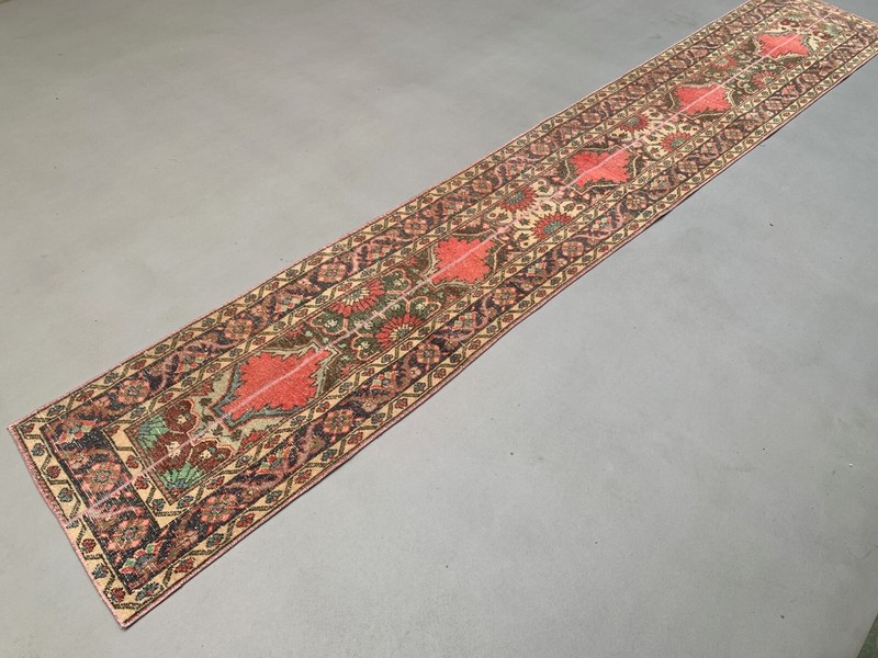 Distressed Turkish Narrow Runner 397x63 cm wool Vintage Tribal Rug gallery