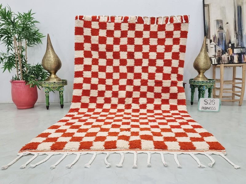 Moroccan Handmade BeniOurain Rug5'3x8'7 Berber Checkered Orange & White Wool Rug gallery
