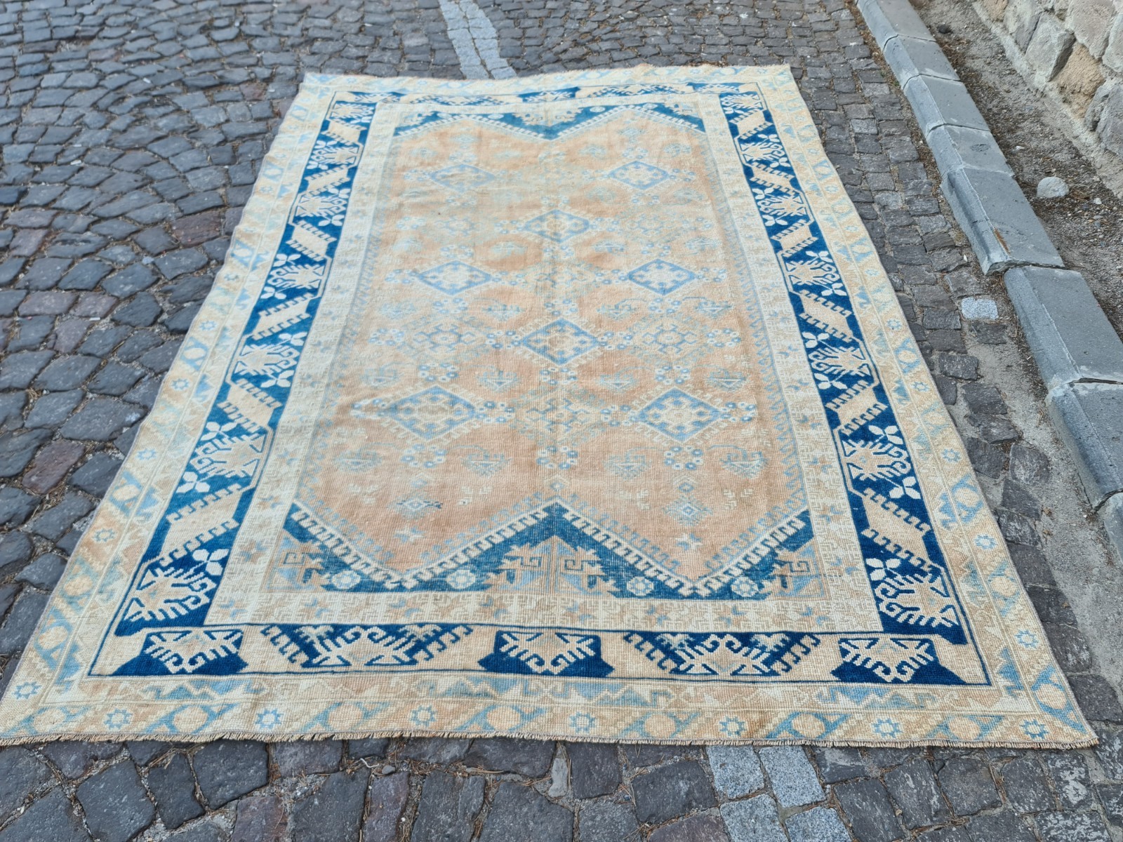 6.3x9.1 ft Vintage Blue Turkish Rug – Handmade Wool Area Carpet – Boho Decor gallery