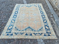 6.3×9.1 ft Vintage Blue Turkish Rug – Handmade Wool Area Carpet – Boho Decor