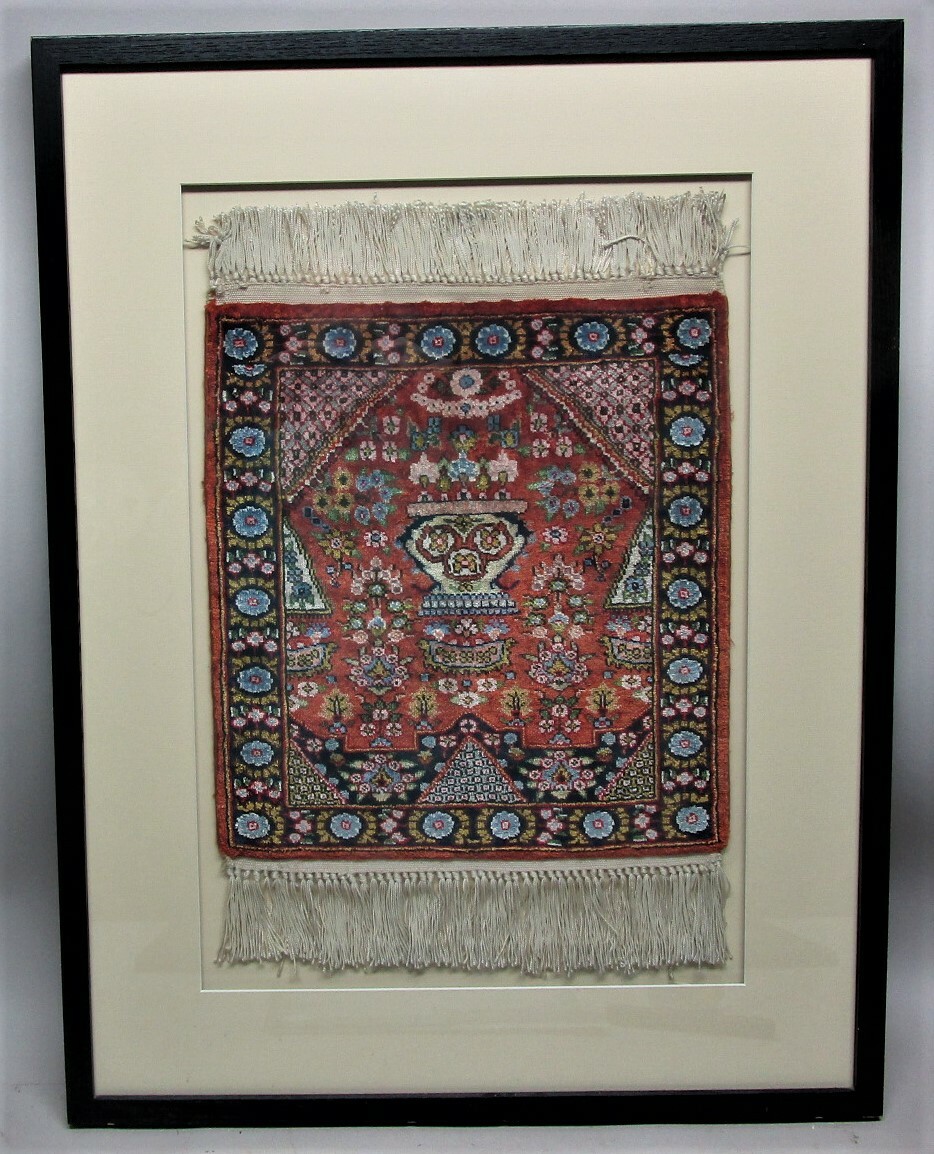 Superb Antique Custom Framed 19th C. Persian Silk Rug, circa 1890s 15" x 13" gallery