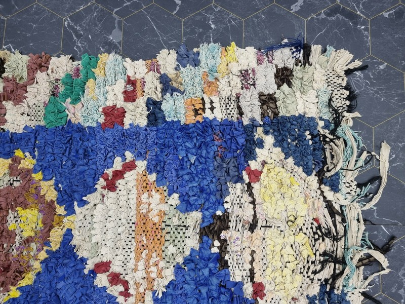 Moroccan Handmade Vintage Boucherouite Rug 2'3"x7' Berber Geometric Blue Carpet gallery
