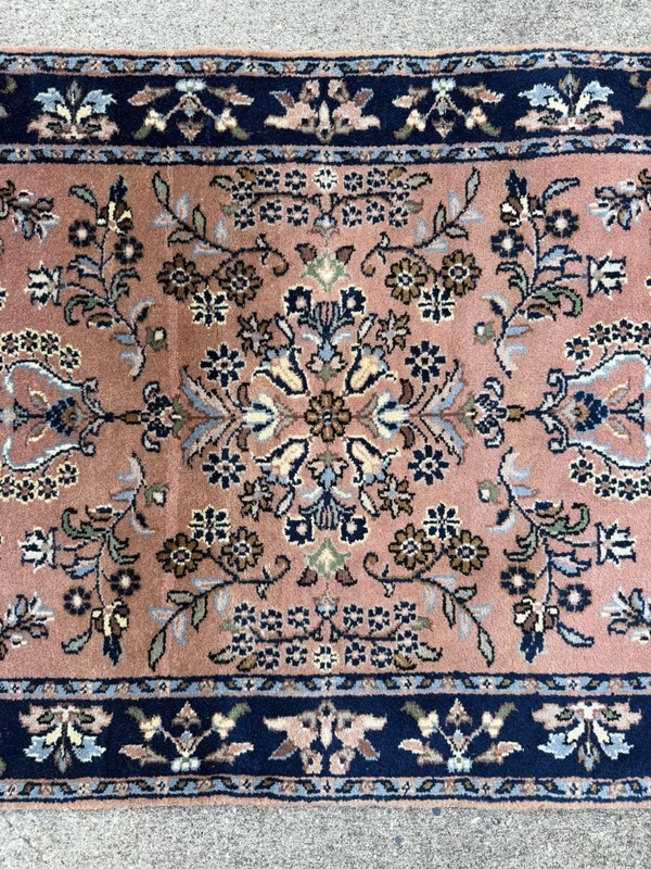 Vtg Sarouk Style Oriental Wool Rug Hand Woven Pink & Blue Floral Design 28x55” gallery